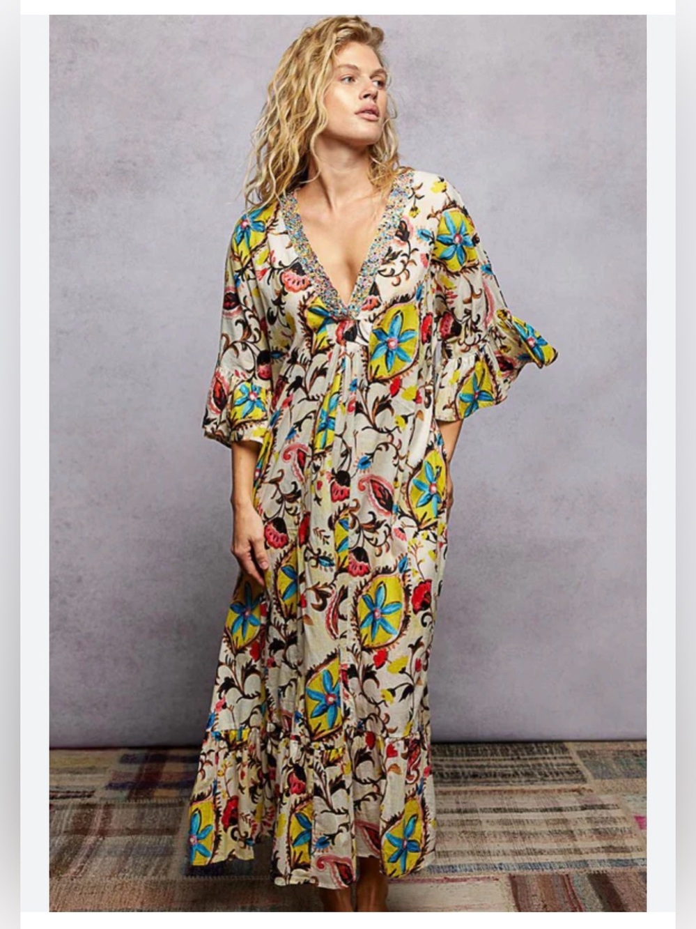 POL Cotton V-Neck Floral Beaded Ruffle Sleeve Dress